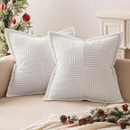 MIULEE Decorative Euro Sham Throw Pillow Covers for Couch Bed Livingroom 24x24 Inch Set of 2 White Boho Accent Throw Pllows Broadside Striped Patchwork Soft Corduroy Pillowcases