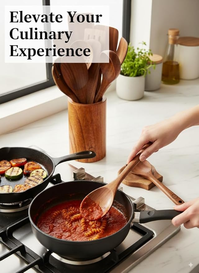 100% Natural Teak Wood Wooden Utensil Set – 12 Pcs Cooking Tools with Large Spoon Holder & Rest – Non-Stick, Heat Resistant, Durable, Food-Safe & Eco-Friendly Kitchen Gadgets