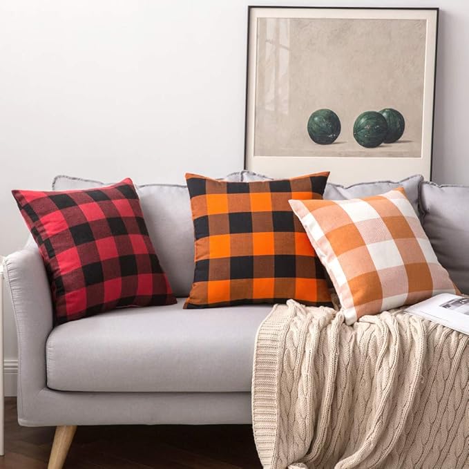 MIULEE Pack of 2 Christmas Classic Retro Checkers Plaids Polyester Linen Soft Soild Square Porch Throw Pillow Covers Black and Red Home Decor Design Cushion Case for Sofa Bedroom Car 22 x 22 Inch