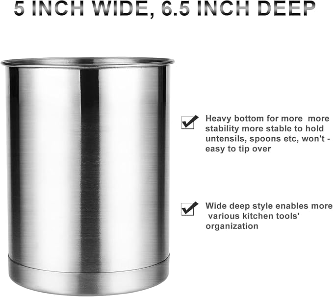 KSENDALO Cooking Utensil Holder for Kitchen Counter, 6.6inch Metal Utensil Crock Stainless Steel Utensil Holder Container Canister Spatula Spoon Caddy Organizer-Brushed- Heavy Base, Silver