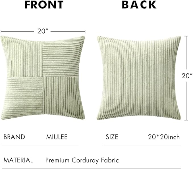 MIULEE Light Green Corduroy Pillow Covers Pack of 2 Boho Decorative Spliced Throw Pillow Covers Soft Solid Couch Pillowcases Cross Patchwork Textured Cushion Covers for Living Room Bed Sofa 20x20 inch