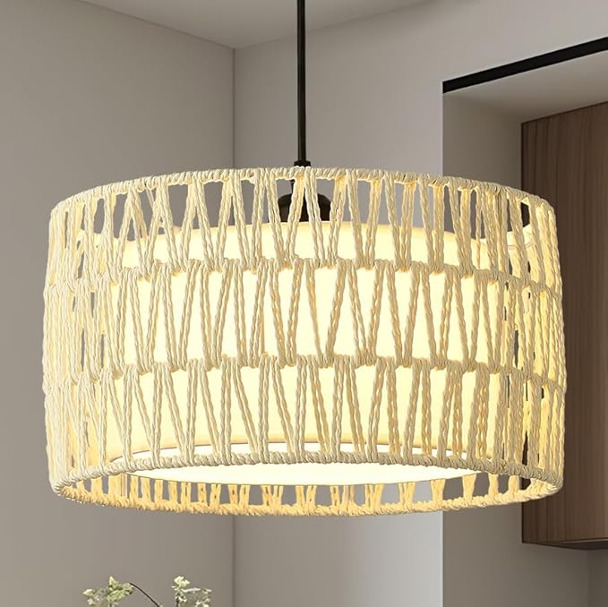 Boho Rattan Chandelier Light Fixture, 1-Lights Farmhouse Pendant Light Hand Woven Chandeliers for Dining Room with Fabric Shade Rustic Chandeliers Hanging Light Fixtures for Kitchen Island
