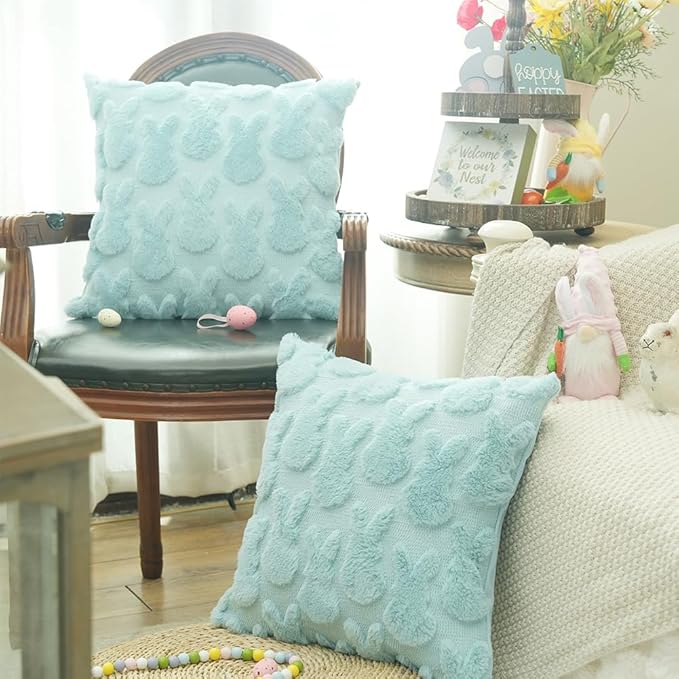 GEEORY Easter Bunny Soft Plush Pillow Covers, 16 x 16 Inch Set of 2, Fluffy Faux Fur Wool Decorative Farmhouse Cushion Case for Sofa Home Decoration Blue GC014-16