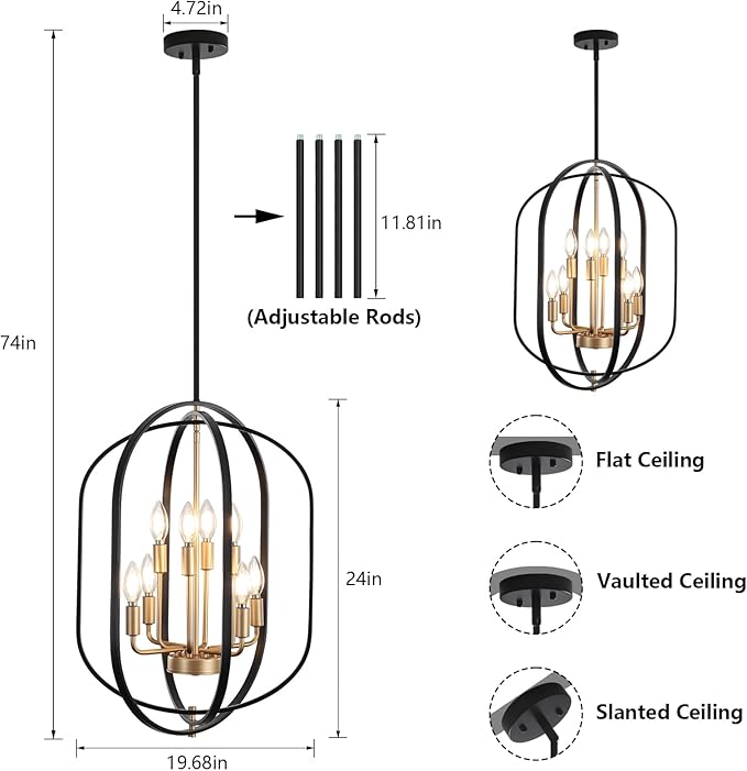 Black and Gold Chandelier for Dining Room, 8-Light Farmhouse Entryway Light Fixture Adjustable Pendant Lights Kitchen Island Rustic Kitchen Chandelier for Entryway, Living Room, Foyer