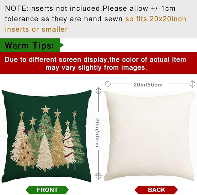 RABUSOFA Christmas Tree Pillow Covers 20x20 Inch,Watercolor Xmas Winter Decor Gold Stars Cushion Case Decoration for Home Sofa Couch Holiday (Green, 20" x 20" (Pack of 1))