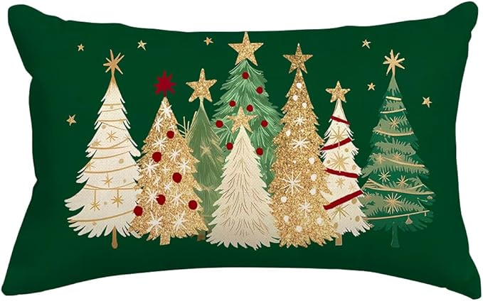 RABUSOFA Christmas Tree Pillow Covers 12x20 Inch,Watercolor Christmas Decorations Pillows Decorative Throw Pillows Gold Stars Xmas Lumbar Cushion Case for Home Decor Couch Winter Holiday(4-Green)