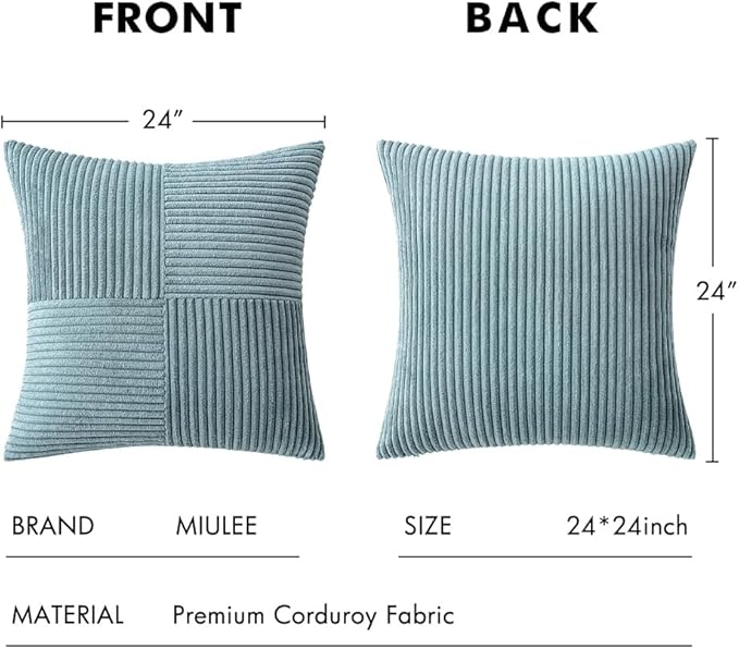 MIULEE Dusty Blue Corduroy Pillow Covers Pack of 2 Boho Decorative Spliced Throw Pillow Covers Soft Solid Couch Pillowcases Cross Patchwork Textured Cushion Covers for Living Room Bed Sofa 24x24 inch
