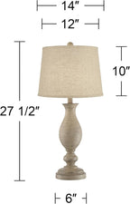 Regency Hill Serena Traditional Country Cottage Table Lamps 27.5" Tall Set of 2 Beige Gray Faux Wood Cream Burlap Fabric Drum Shade for Living Room Bedroom House Bedside Nightstand Home