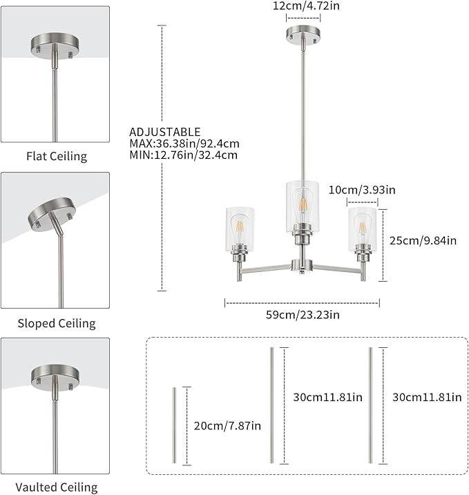 Brushed Nickel Chandeliers for Dining Room Farmhouse Chandelier Fixture with Clear Glass Shades 3 Light Kitchen Island Lighting Pendant Light Fixture for Dining Room Living Room Bedroom