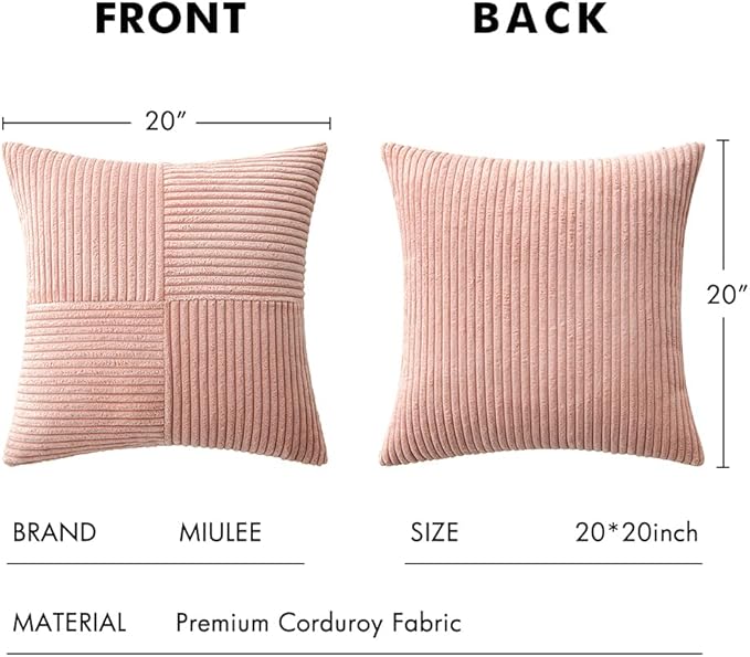 MIULEE Pink Corduroy Pillow Covers Pack of 2 Boho Decorative Spliced Throw Pillow Covers Soft Solid Couch Pillowcases Cross Patchwork Cushion Covers for Living Room Bed Sofa 20x20 inch Valentines Day