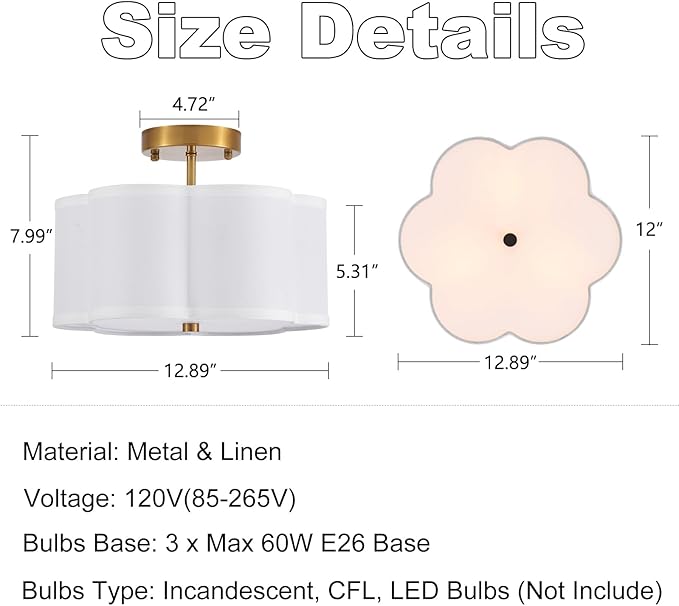 Modern Semi Flush Mount Ceiling Light Modern Gold 3-Lights Drum Ceiling Lighting Fixture Vintage Linen Golden Ceiling Lamp for Laundry Room, Kitchen, Basement, Dining Room, Bedroom