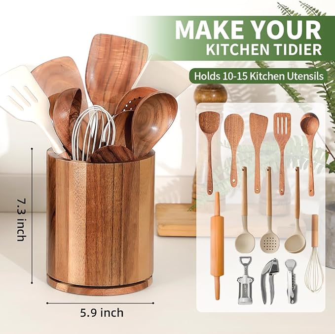 Wooden Utensil Holder, 360°Rotating 7.3'' Large Utensil Holder for Kitchen Counter, Kitchen Utensil Organizer, Utensil Crock, Farmhouse Kitchens Countertop Decor, Acacia Wood