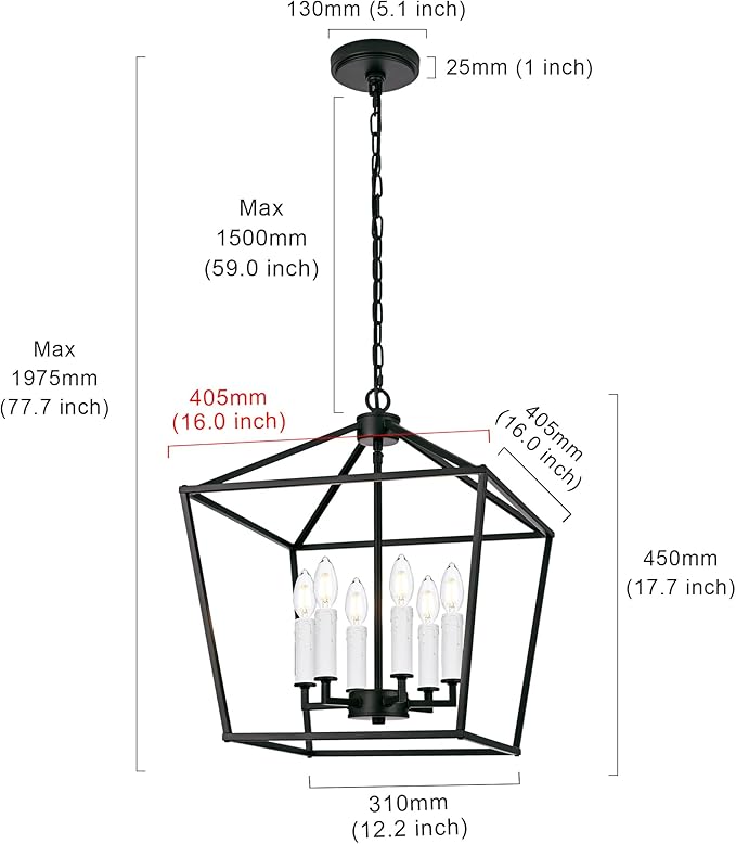MELUCEE Rustic Open Cage Chandelier 6 Lights in Black Farmhouse Lantern Hanging Ceiling Light Large Pendant Light with White Candle-Shaped Socket for Hallway Dining Room Kitchen Island, E12 Base