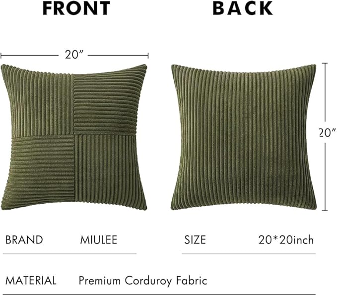 MIULEE Olive Green Corduroy Pillow Covers Pack of 2 Boho Decorative Spliced Throw Pillow Covers Soft Solid Couch Pillowcases Cross Patchwork Textured Cushion Covers for Living Room Bed Sofa 20x20 inch