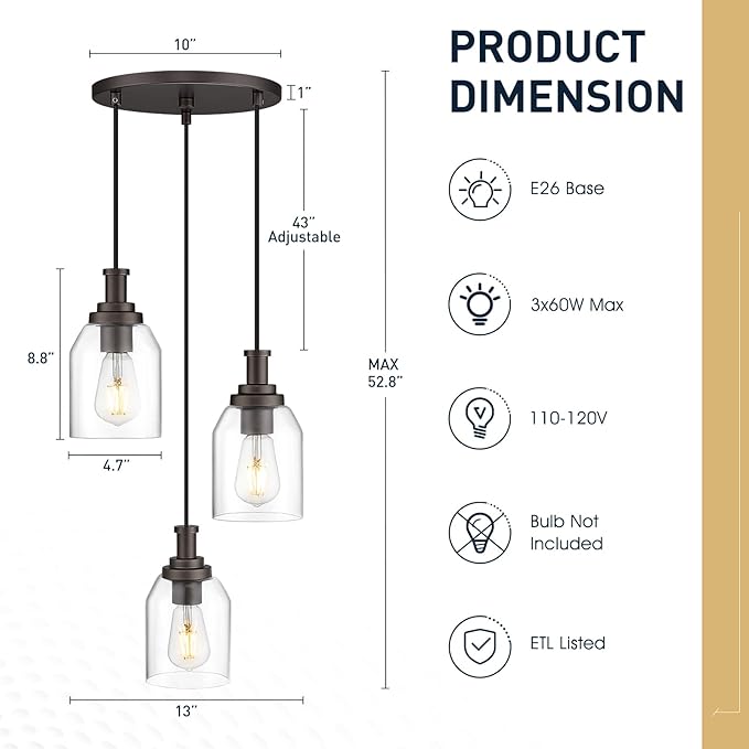 zeyu 3-Light Pendant Lighting, Adjustable Farmhouse Cluster Pendant Light for Kitchen Dining Room, Oil Rubbed Bronze Finish with Clear Glass Shade, ZG33-3 ORB