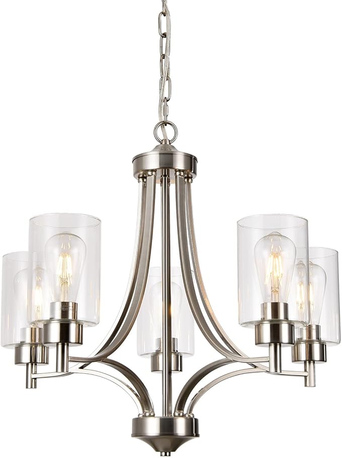 Brushed Nickel Chandelier Dining Room Light Fixture Kitchen Chandeliers Over Table Modern 5-Light Clear Glass Pendant Lighting Adjustable Chain Hanging for Foyer Bedroom Bathroom Hallway