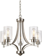 Brushed Nickel Chandelier Dining Room Light Fixture Kitchen Chandeliers Over Table Modern 5-Light Clear Glass Pendant Lighting Adjustable Chain Hanging for Foyer Bedroom Bathroom Hallway