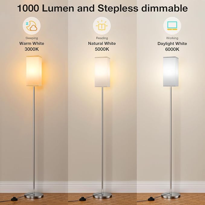 Ambimall Remote Control Floor Lamp, Stepless Dimmable, 64 Inches Tall, Include 9W Bulb, Standing Lamp for Living Room Bedroom Office (White & Sliver)