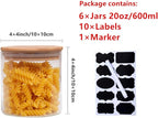 SODSAI 6 Piece Glass Storage Jars Set with Airtight Bamboo Lids and Labels, 20oz/600ml Glass Spice Jars Food Storage Containers for Home Kitchen,Pantry, Tea, Sugar, Salt, Coffee, Flour, Herbs, Grains