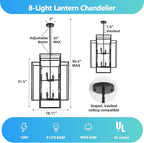 Black Farmhouse Modern Chandelier, 8-Light Tiered High Ceiling Chandeliers, Foyer Lighting Fixtures, Industrial Hanging Metal Lantern Pendant Light, for Livin Room,Entryway,Staircase,Hallway