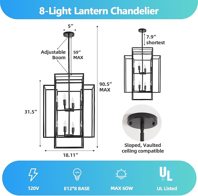 Black Farmhouse Modern Chandelier, 8-Light Tiered High Ceiling Chandeliers, Foyer Lighting Fixtures, Industrial Hanging Metal Lantern Pendant Light, for Livin Room,Entryway,Staircase,Hallway