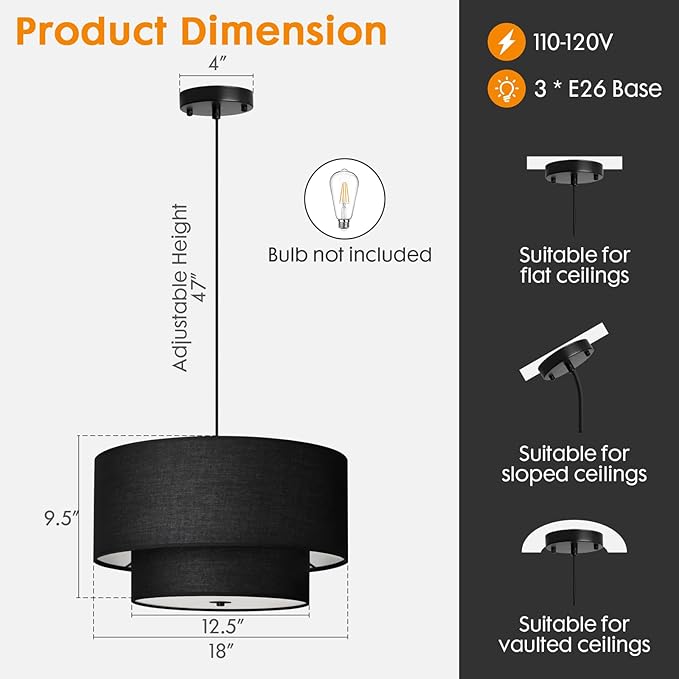 18" Drum Black Pendant Light, Large Modern Hanging Ceiling Chandelier Fixture with Dual Layer Linen Shade, Ideal for Dining Room, Living Room, Bedroom, and Kitchen