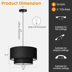 18" Drum Black Pendant Light, Large Modern Hanging Ceiling Chandelier Fixture with Dual Layer Linen Shade, Ideal for Dining Room, Living Room, Bedroom, and Kitchen