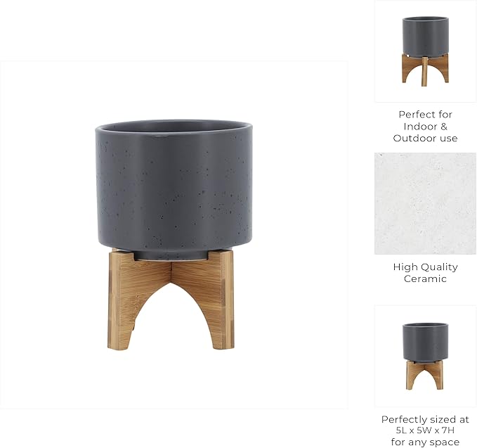 Sagebrook Home Modern Ceramic Planter with Stand - Stoneware Indoor/Outdoor Flower Pot - Minimalist Home & Garden Decor - 7" Gray