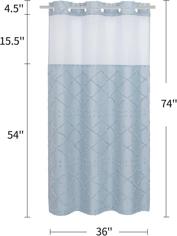 Boho FogBlue Woven Fabric Shower Curtain with 36 x 74 Modern Farmhouse, No Hooks Tufted Chevron Striped Shabby Chic Textured, Minimalist Cloth Curtain for Bathroom, Hotel Decor