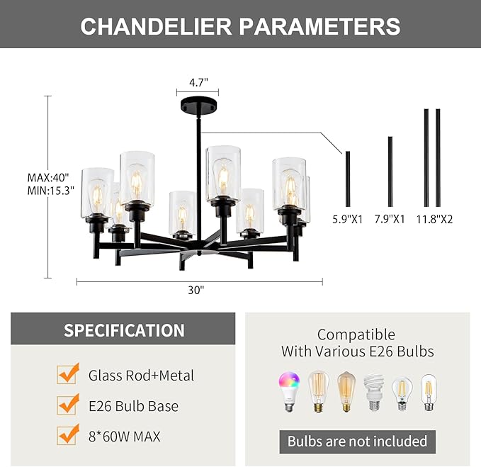 8 Light Black Chandeliers for Dining Room Light fixtures Over Table Modern Farmhouse Chandelier Industrial Hanging Pendant Lighting for Living Room Foyer Kitchen Table with Glass Shade