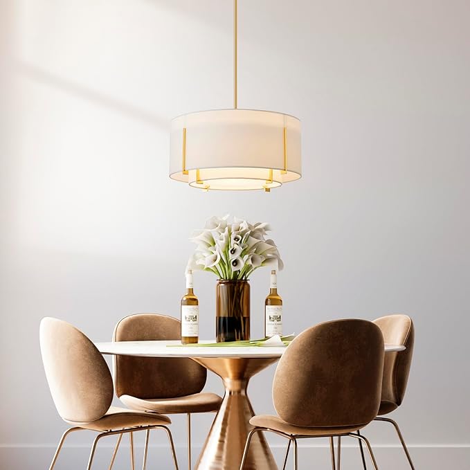 Shrine Lighting Chandeliers, Modern Design, Drum Pendant Light for Dining Room, White Lampshade & Black Finish Frame