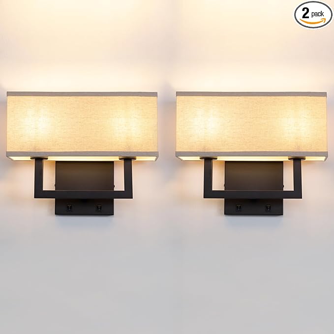 Yosoan Set of 2 Linen Fabric Boho Wall Sconce Bedside Light with On Off Switch, 2-Light Finished Hardwired Vintage Industrial Dual Wall Mount Lamp Square Shade for Bedroom Living Room Stairwell(Black)