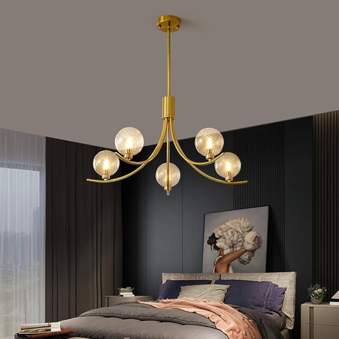 Gold Modern Chandelier with 5 Glass Globe Bulbs -Adjustable Height & Colour Temperature, Gilded lamp Post, Elegant Lighting for Living Room, Bedroom or Study