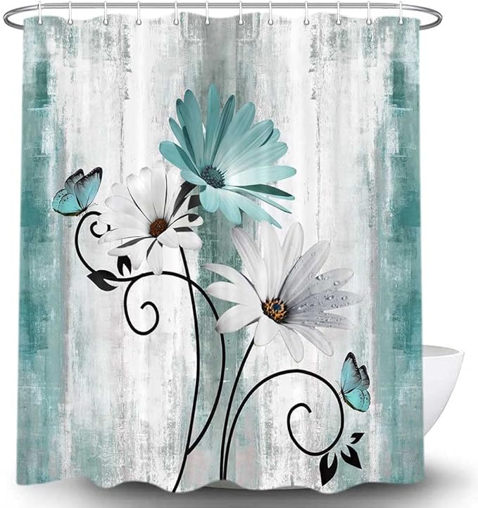 Rustic Farmhouse Shower Curtain, Farm Teal Daisy Floral Flowers and Butterfly on Country Wooden Shower Curtain for Bathroom, Turquoise Blue with 12PCS Hooks, 70X70IN