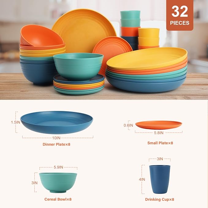 Wheat Straw Dinnerware Sets, Dishes Set for 8, Unbreakable Plates and Bowls Sets 32-Piece, Microwave Safe Plastic Plates Reusable, Cup Sets, Bowls for Kitchen, Outdoor, Camping - Multi