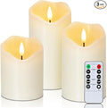 Homemory Flickering Flameless Candles, Realistic LED Candles with Remote and Timer, Real Wax Battery Operated Candles, Set of 3, Ivory