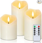 Homemory Flickering Flameless Candles, Realistic LED Candles with Remote and Timer, Real Wax Battery Operated Candles, Set of 3, Ivory