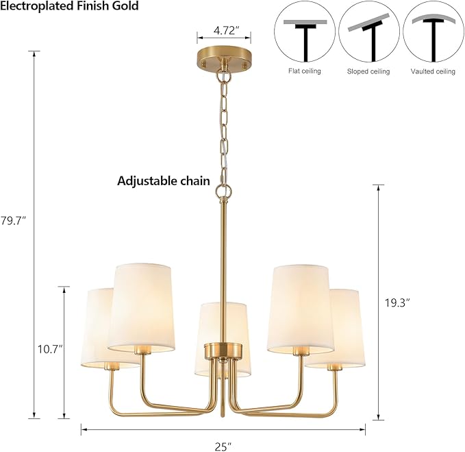 AMZASA Antique Brass Gold Chandelier with Shades, Electroplated Finish, 5 Light Modern Farmhouse Chandeliers with White Fabric Shade, Linear Island Chandelier Lights for Dining Room,Kitchen,Foyer