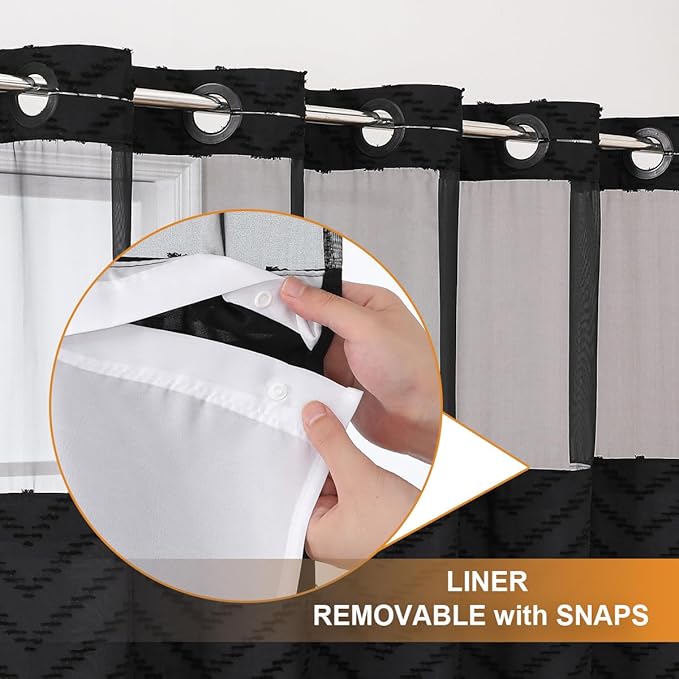 No Hook Shower Curtain Liner Set, Snap in Hookless Shower Curtain with Tassels, Ringless Chevron Tufted Fabric Boho Bathroom Curtains, Mesh Top Window Hotel Style Bath Curtains 74" L x 71" W, Black