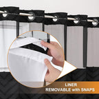 No Hook Shower Curtain Liner Set, Snap in Hookless Shower Curtain with Tassels, Ringless Chevron Tufted Fabric Boho Bathroom Curtains, Mesh Top Window Hotel Style Bath Curtains 74" L x 71" W, Black