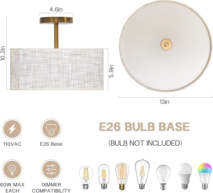 13" Semi Flush Mount Ceiling Light Fixture, Modern Drum Ceiling Light with Textured Linen Fabric Shade and Gold Base, 3-Light Farmhouse Lighting for Bedroom, Kitchen, Entryway, Living Room