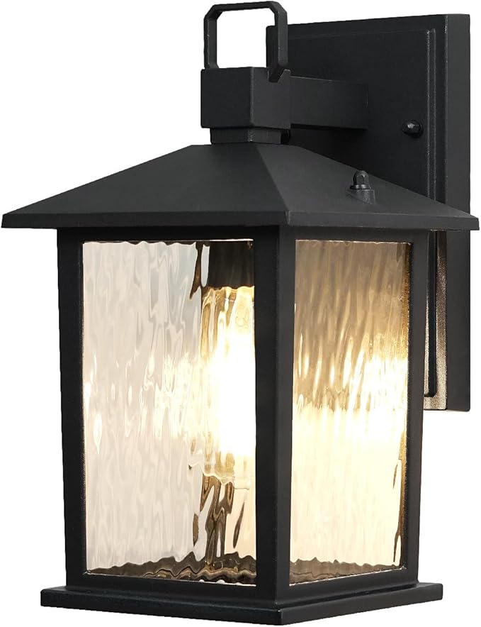 1-Pack Outdoor Porch Light, Matte Black Outdoor Wall Sconce with Water Ripple Glass, Rustproof and Waterproof, Exterior Lantern for House, Patio, Garage, 12" High, Bulb Not Included