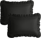 KKJIAF Ruffle Pillow Cases Standard Size Set of 2, Ruffled Pillow Covers with Envelope Closure, Wrinkle Resistant Pillowcases 20" x 26", Ruffled Pillow Shams, Black