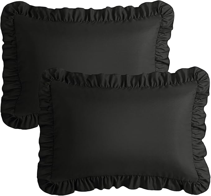 KKJIAF Ruffle Pillow Cases King Size Set of 2, Ruffled Pillow Covers with Envelope Closure, Wrinkle Resistant Pillowcases 20" x 36", Ruffled Pillow Shams, Black
