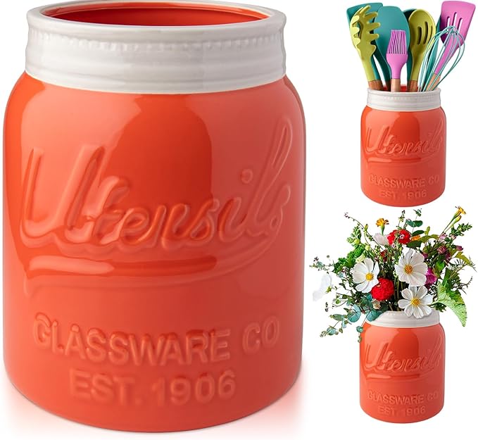 Comfify Wide Mouth Mason Jar Utensil Holder Decorative Kitchenware Organizer Crock, Dishwasher Safe - Kitchen Caddy, Large Size 7" High - Coral