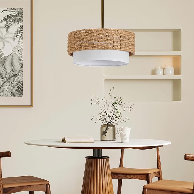 15in Boho Coastal Pendant Lights, 15in Woven Rattan Lighting Fixture, 2-Tier Rope Chandelier with Fabric Shade for Kitchen Island, Living Room, Dining Room, Bedroom, Restaurant