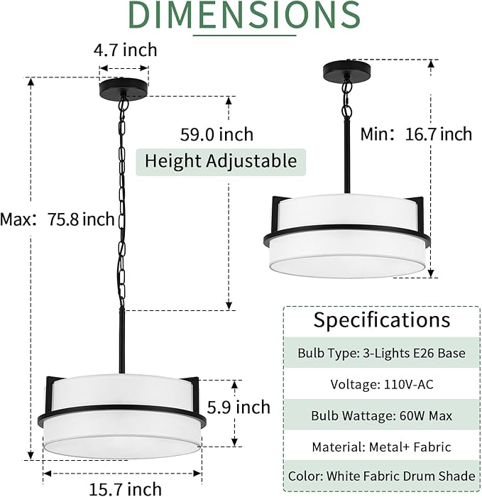 Modern Drum Chandelier for Dining Room 3 Light,15.7" Wide White Linen Drum Shade Ceiling Light Fixture,Pendant Lighting with Adjustble Hang Height Chandelier for Kitchen Islands Living Bedroom