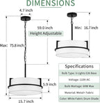 Modern Drum Chandelier for Dining Room 3 Light,15.7" Wide White Linen Drum Shade Ceiling Light Fixture,Pendant Lighting with Adjustble Hang Height Chandelier for Kitchen Islands Living Bedroom