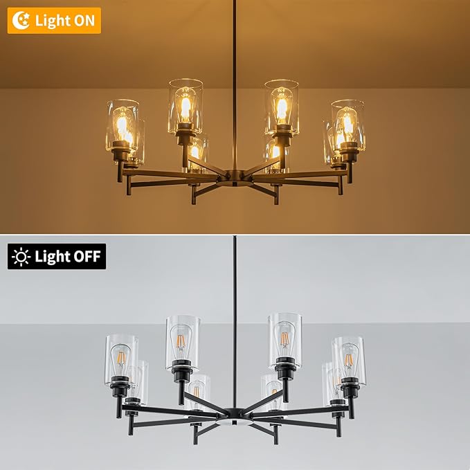 Matte Black Chandeliers for Dining Room, Farmhouse Chandeliers 8 Light Dining Room Light Fixture with Clear Glass Shades Pendant Lighting for Kitchen Island Living Room Staircase
