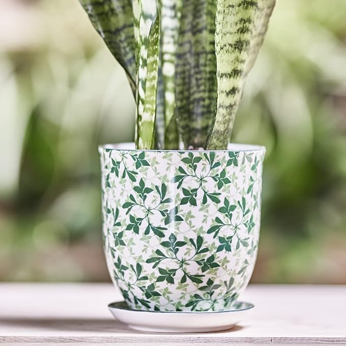 CHIVE ‘Liberte’ Ceramic Succulent Pots — 4.25” Cute Vintage Farmhouse Style Planters for Indoor Plants — Beautiful Home & Kitchen Decor — Green Leaves
